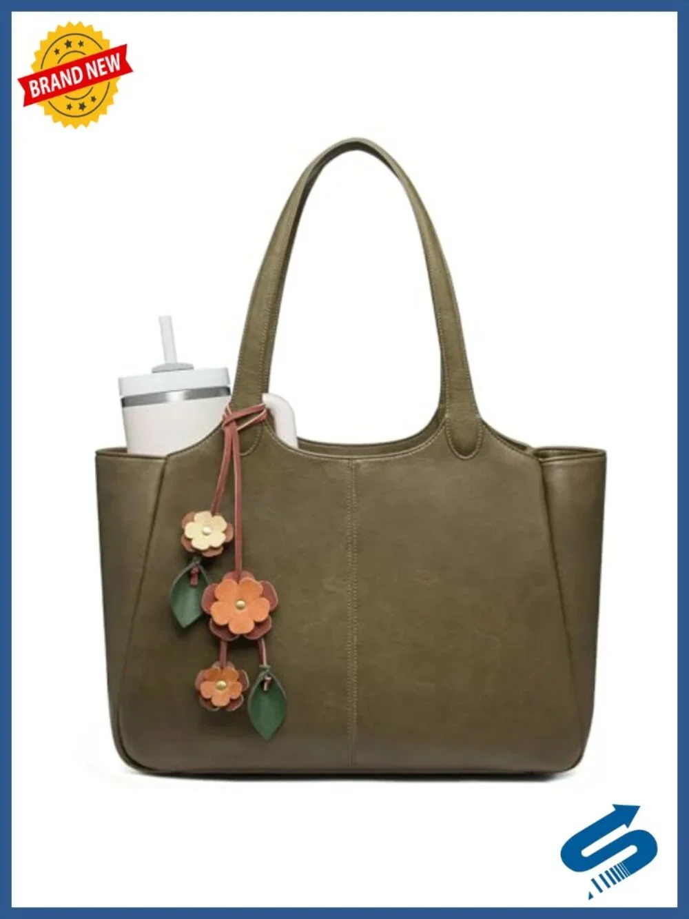 Vegan Leather Tote Bag with Hidden 40oz Cup Holder for Work Laptop Shoulder Bag